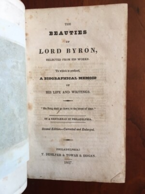 RARE 1827 The Beauties of Lord Byron, Memoir, Philadelphia imprint, 2nd edition,-image