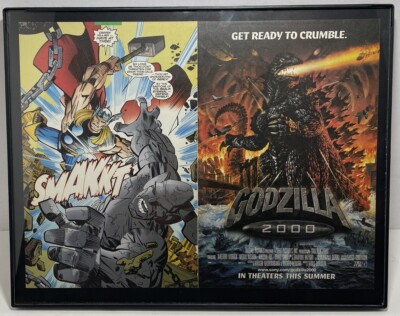 Vintage Marvel Thor Comic Ad Wall Art Framed 11”x 14” w/ Godzilla 2000 movie ad-image