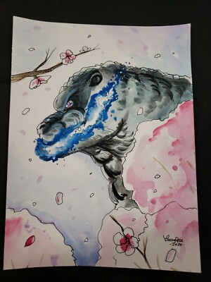 Godzilla Cherry Blossom Tessa Rose Original Acrylic & pen 9x12 watercolor paper-image
