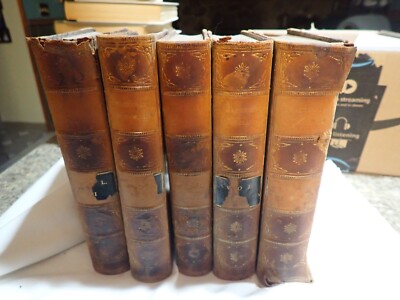 1840s/1850s The Works of Mrs. Hemans Memoirs lot of 5 leather volumes-image