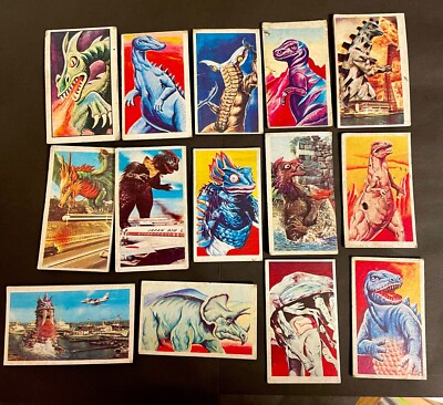 Lot 14 Monster Kaiju Godzilla dinosaur 60s Japanese Menko cards old manga Anime-image