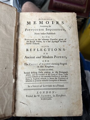 RARE BOOK Portuguese Inquisition-leather bound book 1761 authentic memoirs-image
