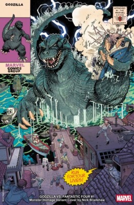 GODZILLA VS. FANTASTIC FOUR #1 NICK BRADSHAW MONSTER HOMAGE - NOW SHIPPING-image