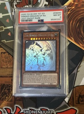 The Winged Dragon of Ra LED7-EN000 Ghost Rare 1st Edition. PSA 8 Was A Cracked 9-image