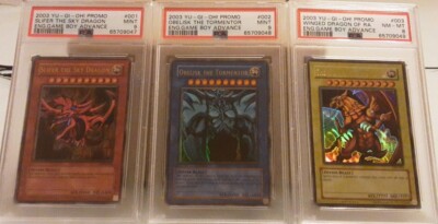 2003 YUGIOH 3 CARD EGYPTIAN GOD PROMO SET: GBI Silfer/Obelisk/Ra PSA 9/9/8 Mint-image