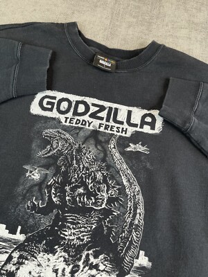 Teddy Fresh X Godzilla Sweater Men L Black Crew King Of Monsters Sweatshirt Rare-image
