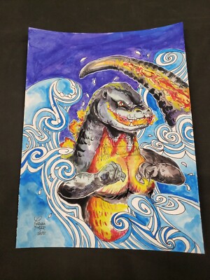 Burning Godzilla Ocean Tessa Rose Original Acrylic & pen 9x12 watercolor paper-image