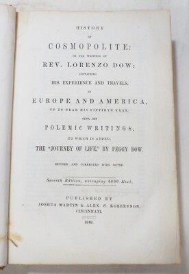EARLY Old 1849 HISTORY OF COSMOPOLITE Writings LORENZO DOW Book Religion History-image