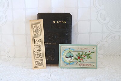 JOHN MILTON MEMOIR Donohue & Co Leather Bound Book with Postcard & Bookmark 1907-image