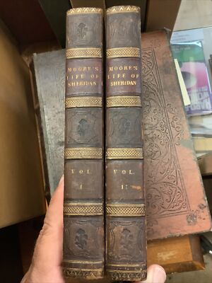 Two volume leatherbound Moore's Life of Sheridan third edition 1825 London-image