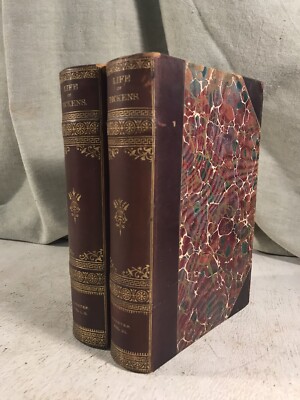 Life of Dickens by John Forester 2 Antique Leather Bound Books Shabby Chic Decor-image
