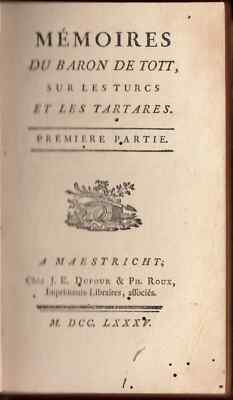 Baron de Tott Memoirs Antique Book 1785 French History Turks-image