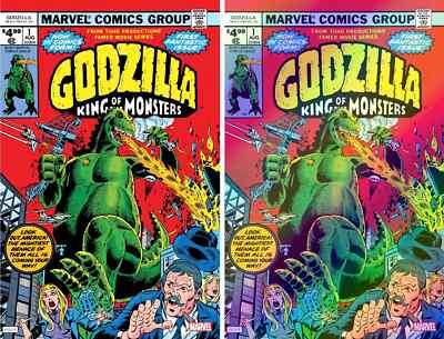 GODZILLA #1 FACSIMILE REG A & B FOIL VARIANT SET REPRINT 1977 Marvel 2024 NM- NM-image