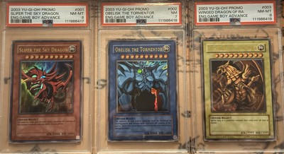 Graded Yu-Gi-Oh Egyptian God Cards - GBI-001 PSA 8, GBI-002 PSA 7, GBI-003 PSA 8-image