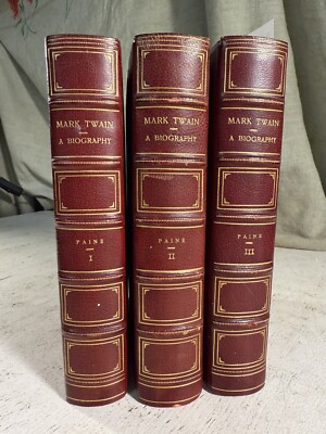 Mark Twain: A Biography by Paine 3 Antique Fine Binding Red Leather Books-image